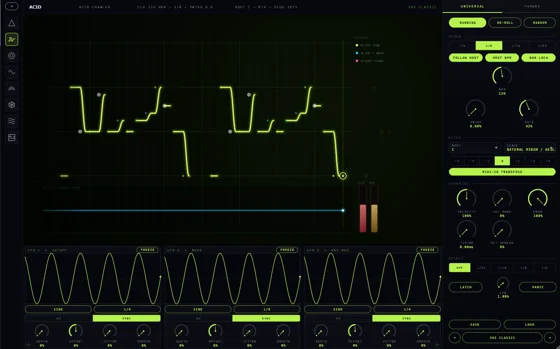 Acid MIDI sequencer with a bright green stepped pattern and modulation waveforms