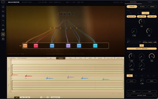 Hallucination MIDI sequencer with coloured note lanes and a piano roll