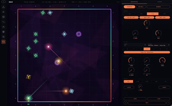 Maze MIDI sequencer with glowing points connected across a grid