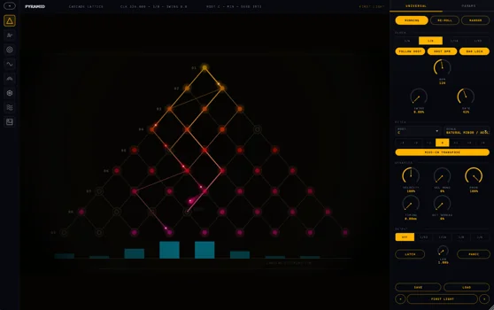 Pyramid MIDI sequencer with coloured nodes arranged in a triangular lattice