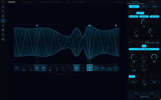 Quantum MIDI sequencer showing layered cyan waveforms and note steps