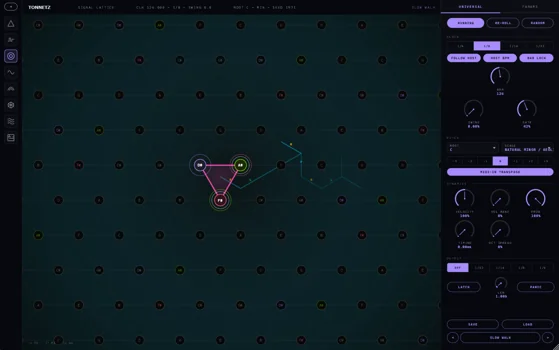 Tonnetz MIDI sequencer with labelled notes across a geometric grid